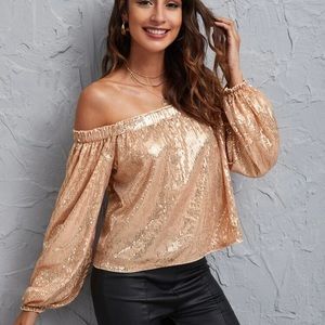 BNWT Of shoulder sleeve sequin top